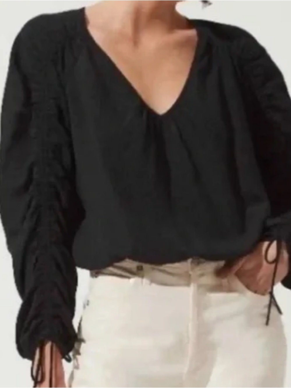 Ellie Black V-Neck Blouse with Ruched Drawstring Sleeves size M